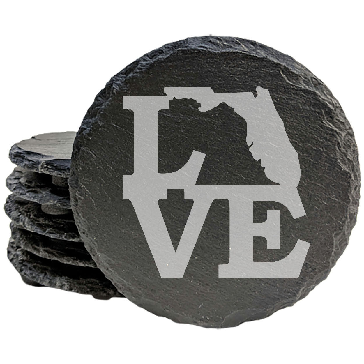 Rustic Slate Coasters Set of 4, Round 4" with 'LOVE' Florida Design, Laser Etched, Perfect for Holidays, Birthdays, Housewarming Gifts, Made in Oregon, USA, Natural Chipped Edge, Rubber Feet