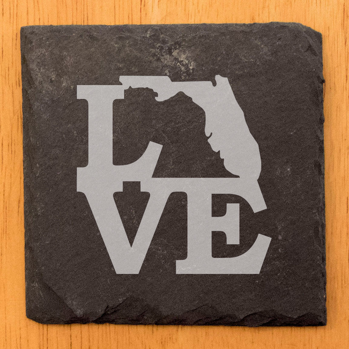 Rustic Slate Coasters Set of 4, Round 4" with 'LOVE' Florida Design, Laser Etched, Perfect for Holidays, Birthdays, Housewarming Gifts, Made in Oregon, USA, Natural Chipped Edge, Rubber Feet
