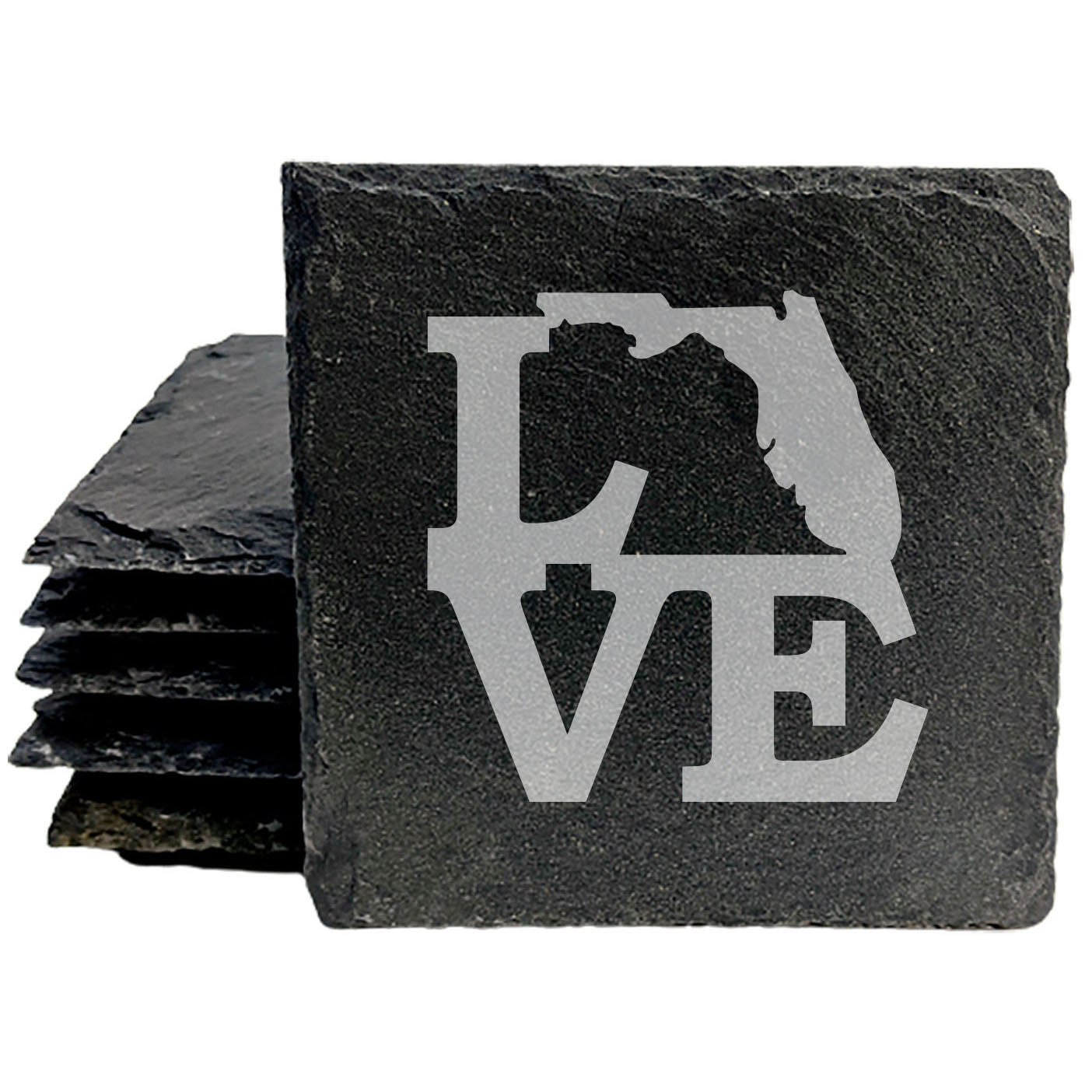 Rustic Slate Coasters Set of 4, Round 4" with 'LOVE' Florida Design, Laser Etched, Perfect for Holidays, Birthdays, Housewarming Gifts, Made in Oregon, USA, Natural Chipped Edge, Rubber Feet