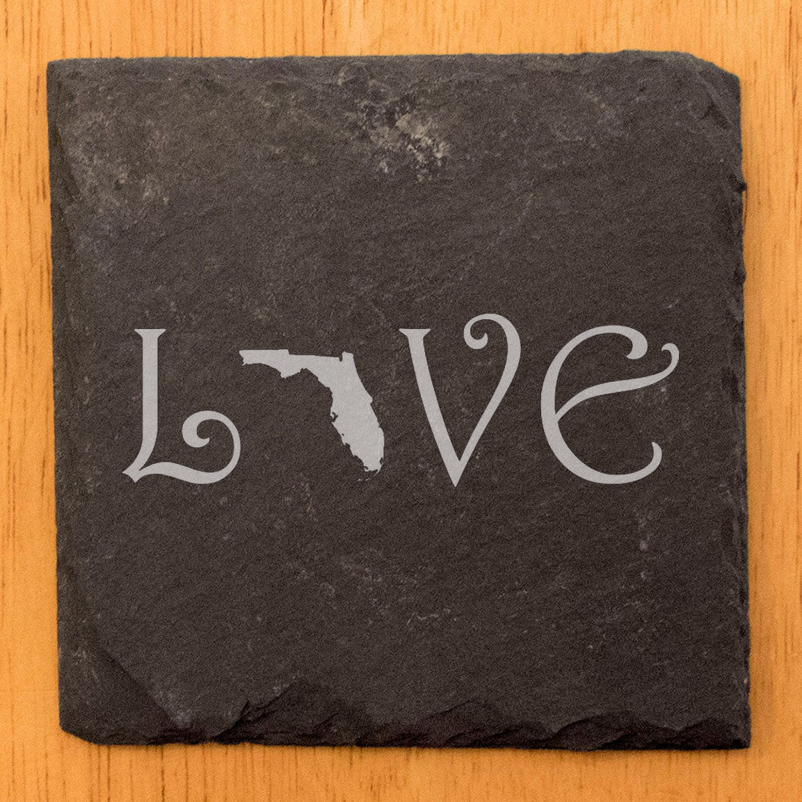 Rustic Slate Coasters Set of 4, Laser Etched 'LOVE' Design with Florida State, 4" Square, Natural Chipped Edge, Rubber Feet, , Perfect for Holidays, Birthdays, Housewarming, USA Made