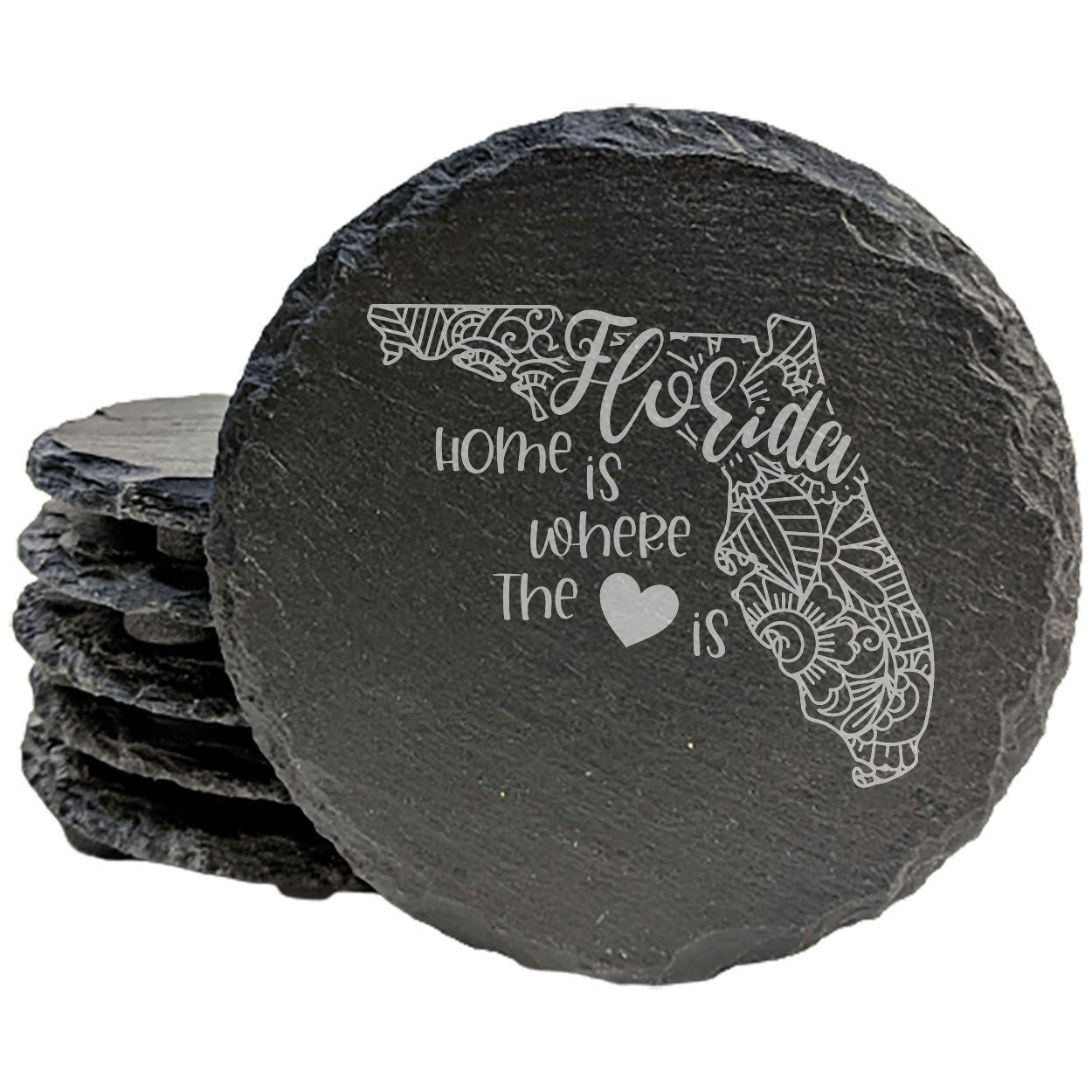 Rustic Slate Coasters Set of 4, Round 4" with Florida Mandala Design, 'Home is Where the Heart Is' Quote, Perfect Gift for Holidays, Birthdays, Housewarming, Made in Oregon, USA, Natural Edge