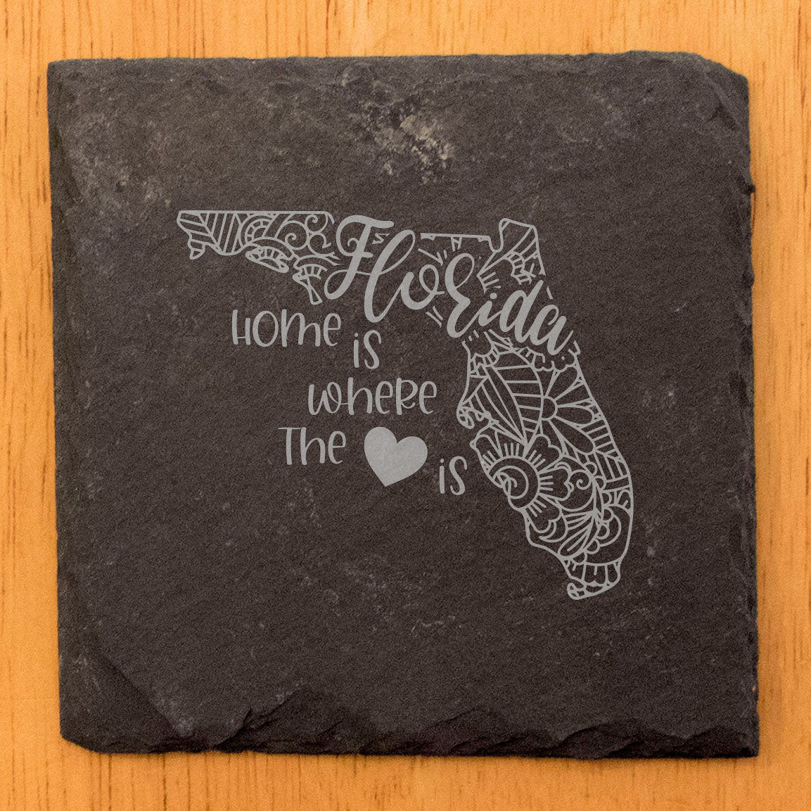 Rustic Slate Coasters Set of 4, Round 4" with Florida Mandala Design, 'Home is Where the Heart Is' Quote, Perfect Gift for Holidays, Birthdays, Housewarming, Made in Oregon, USA, Natural Edge