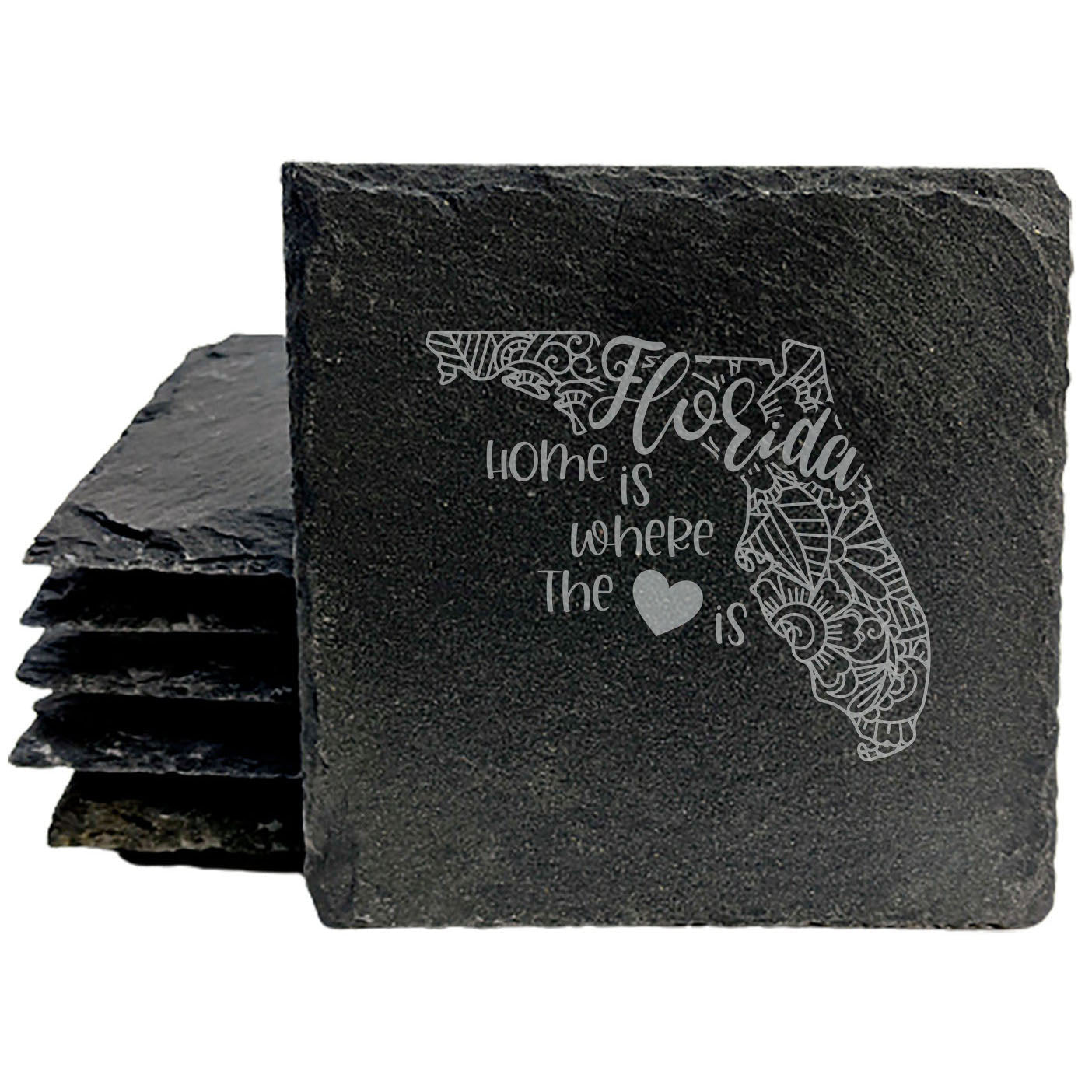 Rustic Slate Coasters Set of 4, Round 4" with Florida Mandala Design, 'Home is Where the Heart Is' Quote, Perfect Gift for Holidays, Birthdays, Housewarming, Made in Oregon, USA, Natural Edge