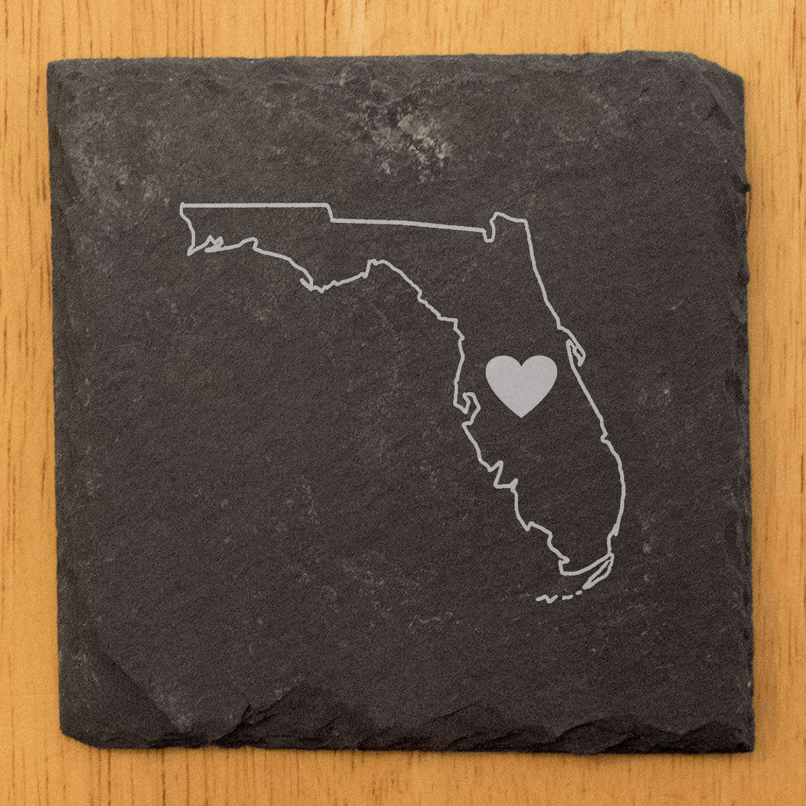 Rustic Slate Coasters Set of 4, Round 4" with Florida Heart Design, Laser Etched, Natural Chipped Edge, Rubber Feet, , Perfect for Holidays, Birthdays, Housewarming, Made in USA