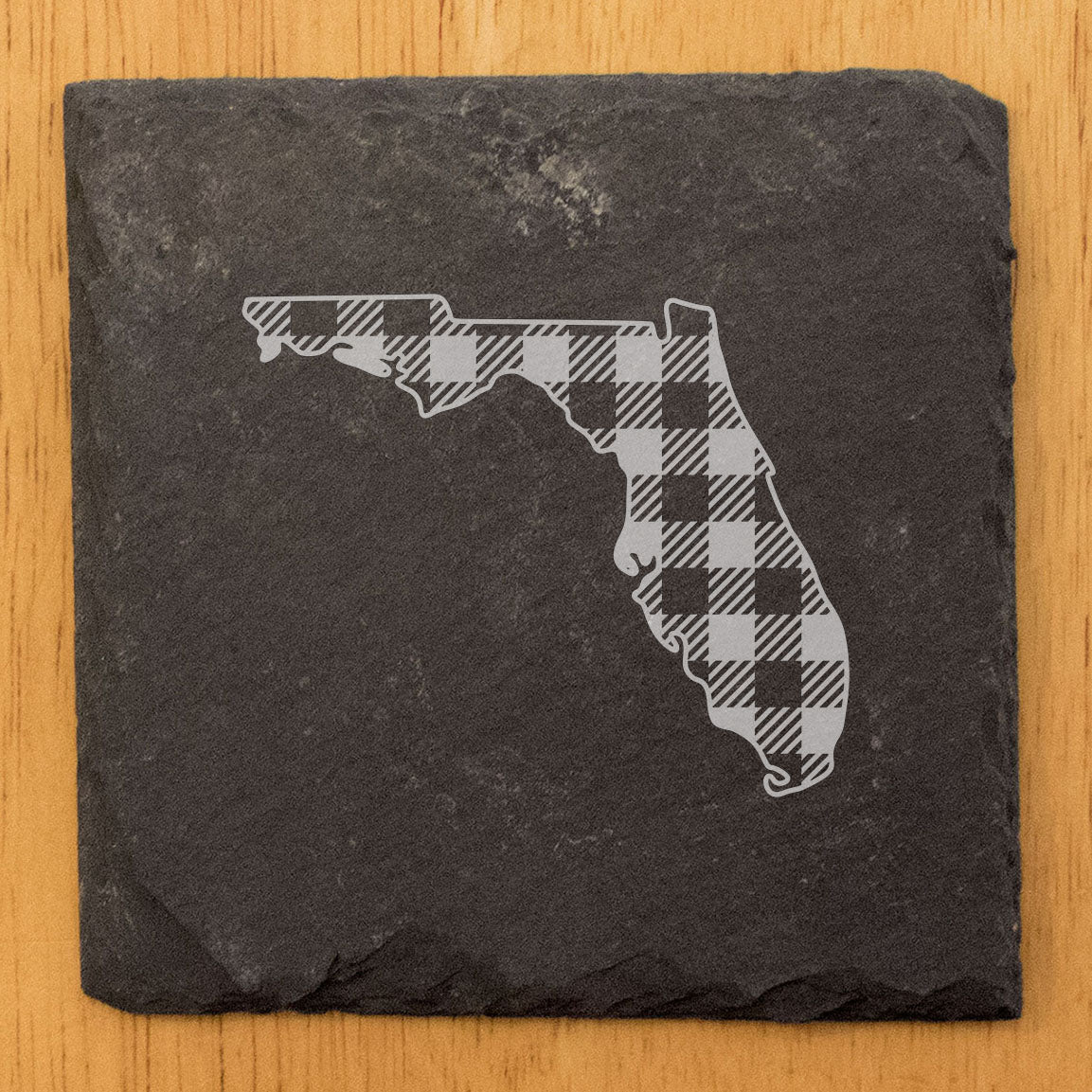 Rustic Slate Coasters Set of 4, Round 4" with Florida Plaid Design, Perfect for Holidays, Birthdays, Housewarming Gifts, She-Shed or Man Cave, Made in Oregon, USA, Natural Chipped Edge, Rubber Feet