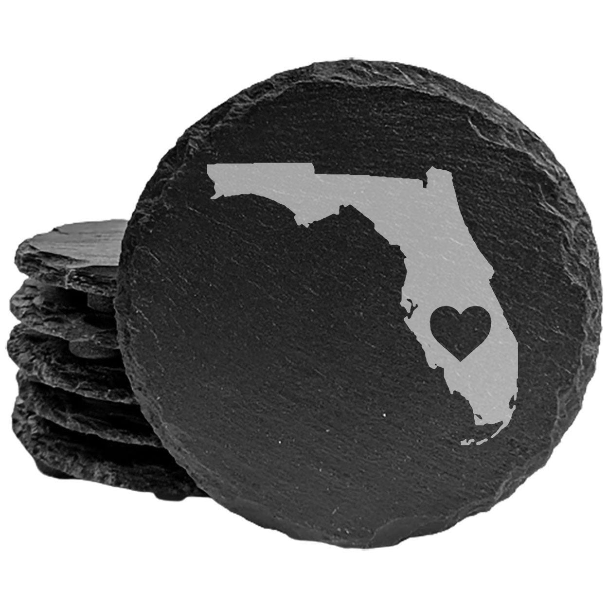 Rustic Slate Coasters Set of 4, Round 4" with Florida Heart Design, Perfect for Holidays, Birthdays, Housewarming Gifts, She-Shed or Man Cave, Made in Oregon, USA, Natural Chipped Edge, Rubber Feet
