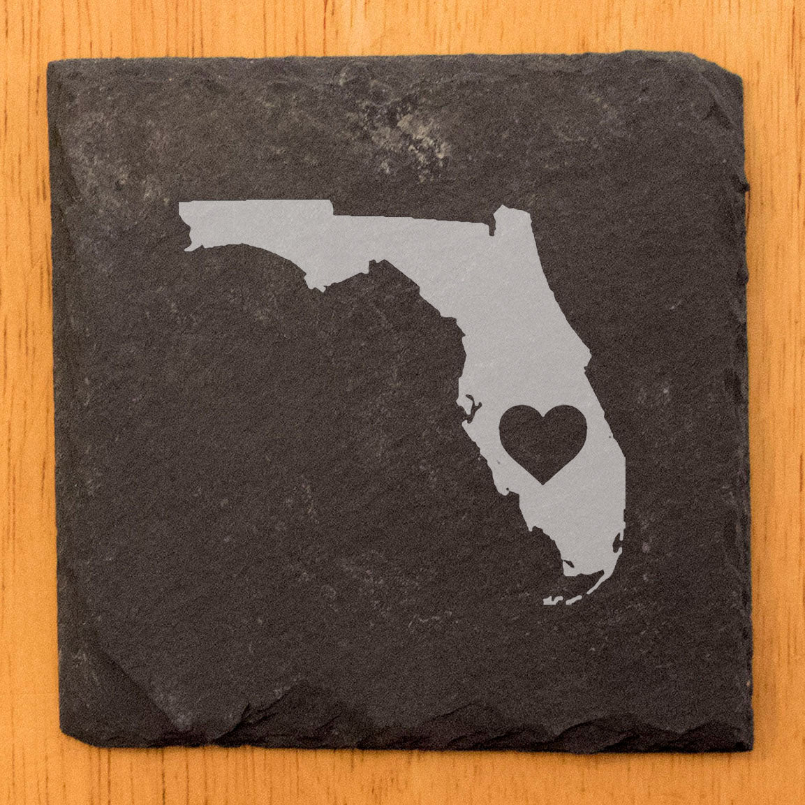 Rustic Slate Coasters Set of 4, Round 4" with Florida Heart Design, Perfect for Holidays, Birthdays, Housewarming Gifts, She-Shed or Man Cave, Made in Oregon, USA, Natural Chipped Edge, Rubber Feet