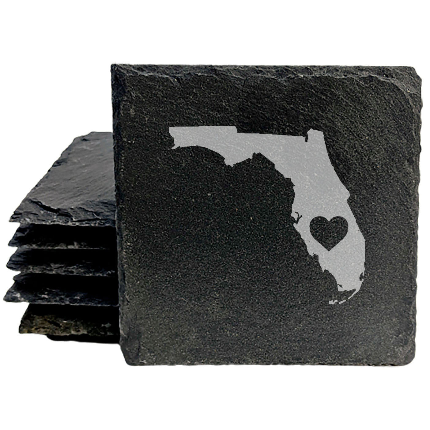 Rustic Slate Coasters Set of 4, Round 4" with Florida Heart Design, Perfect for Holidays, Birthdays, Housewarming Gifts, She-Shed or Man Cave, Made in Oregon, USA, Natural Chipped Edge, Rubber Feet