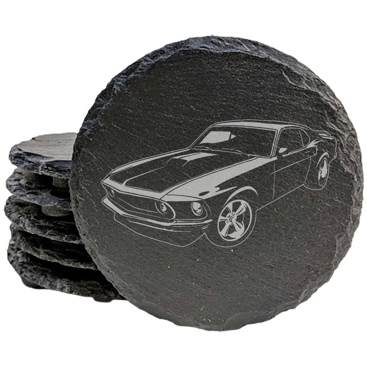 Vintage-Inspired Rustic Slate Coasters Set | Laser Etched 1969 Ford Mustang Fastback Design