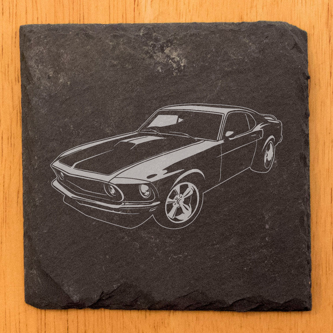 Vintage-Inspired Rustic Slate Coasters Set | Laser Etched 1969 Ford Mustang Fastback Design