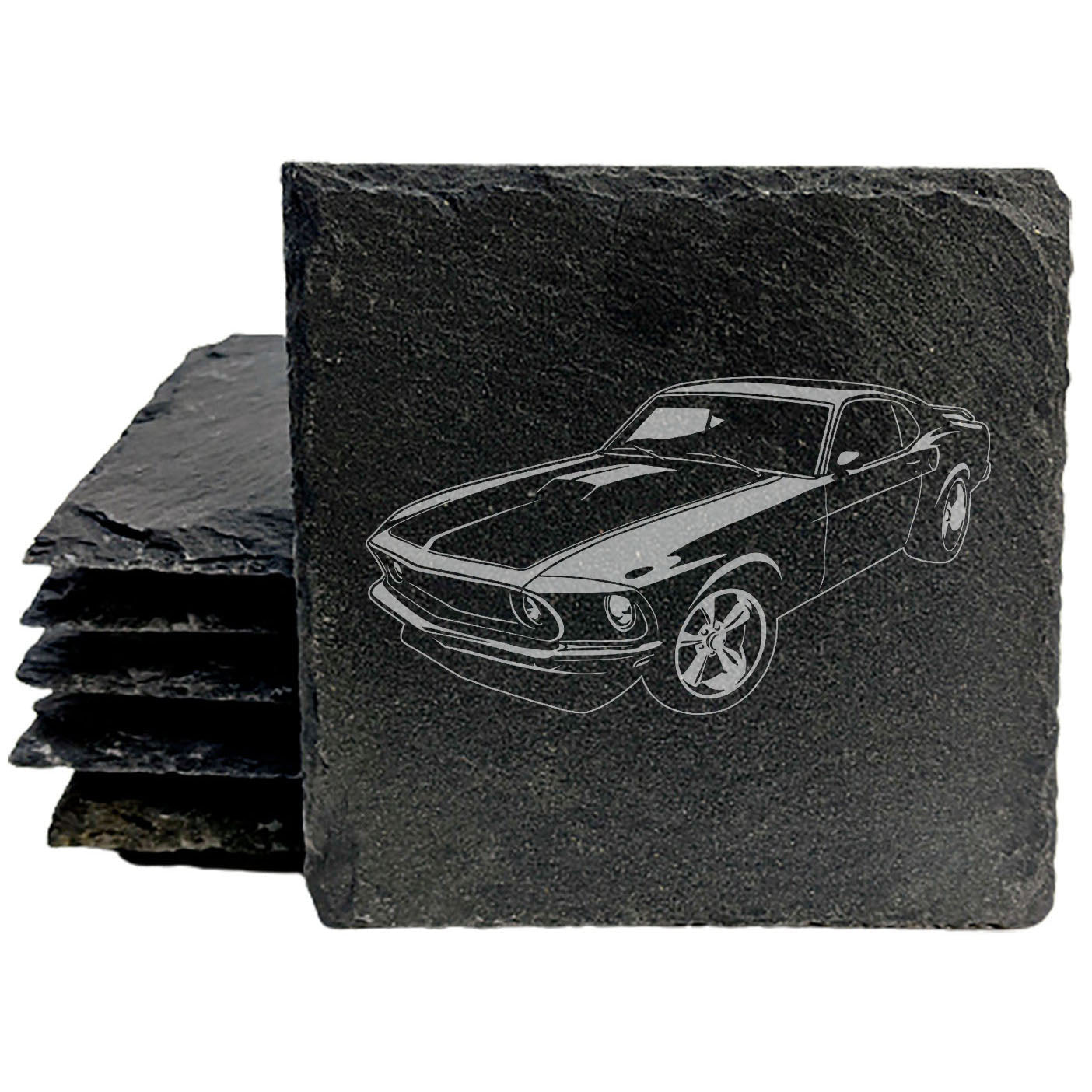 Vintage-Inspired Rustic Slate Coasters Set | Laser Etched 1969 Ford Mustang Fastback Design