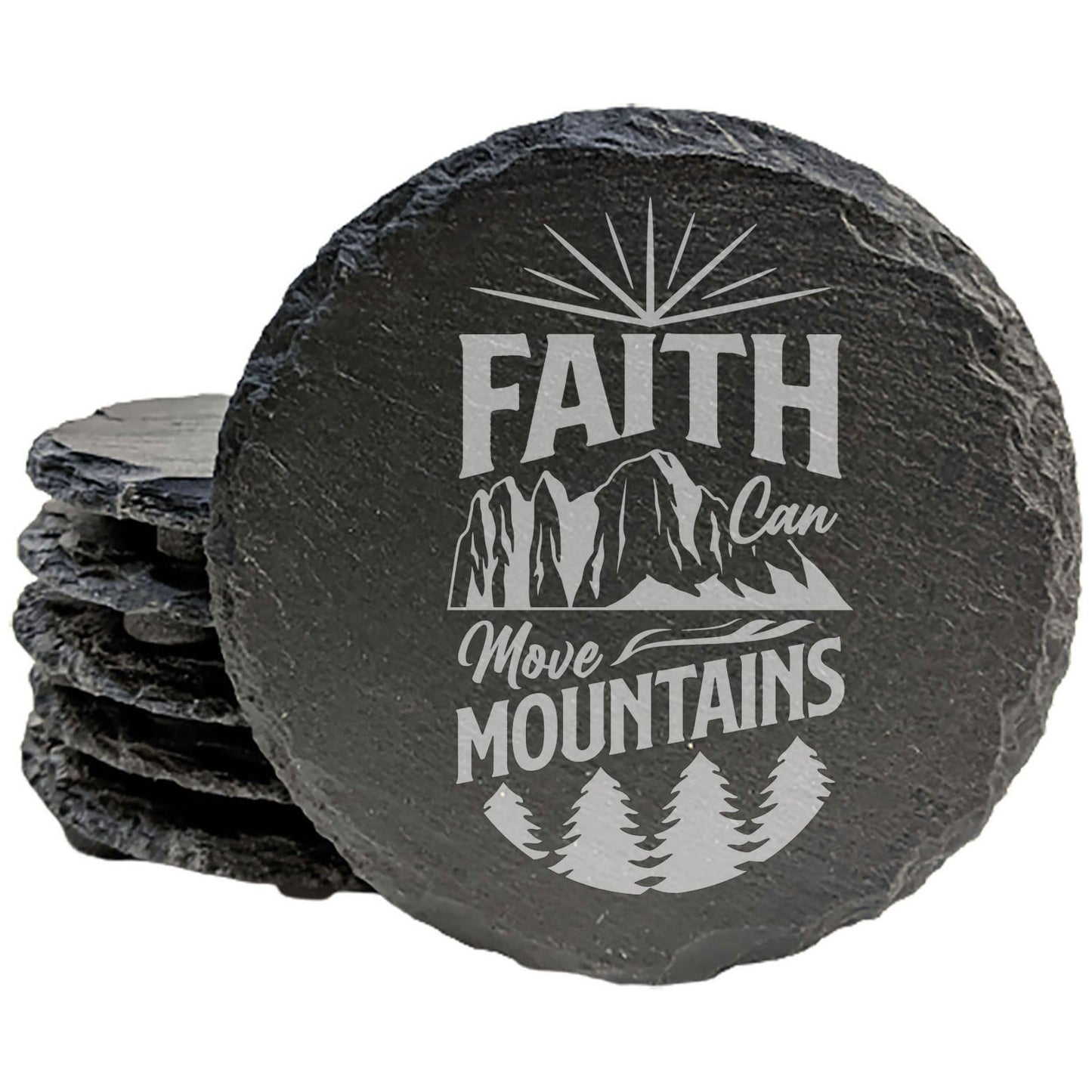 Faith Can Move Mountains Coasters: Rustic Slate with Inspiring Nature Scene