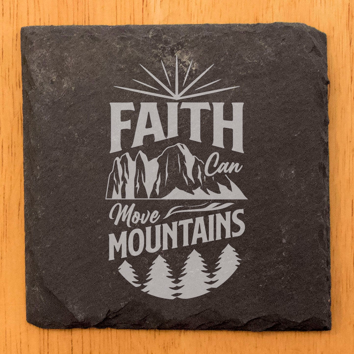 Faith Can Move Mountains Coasters: Rustic Slate with Inspiring Nature Scene