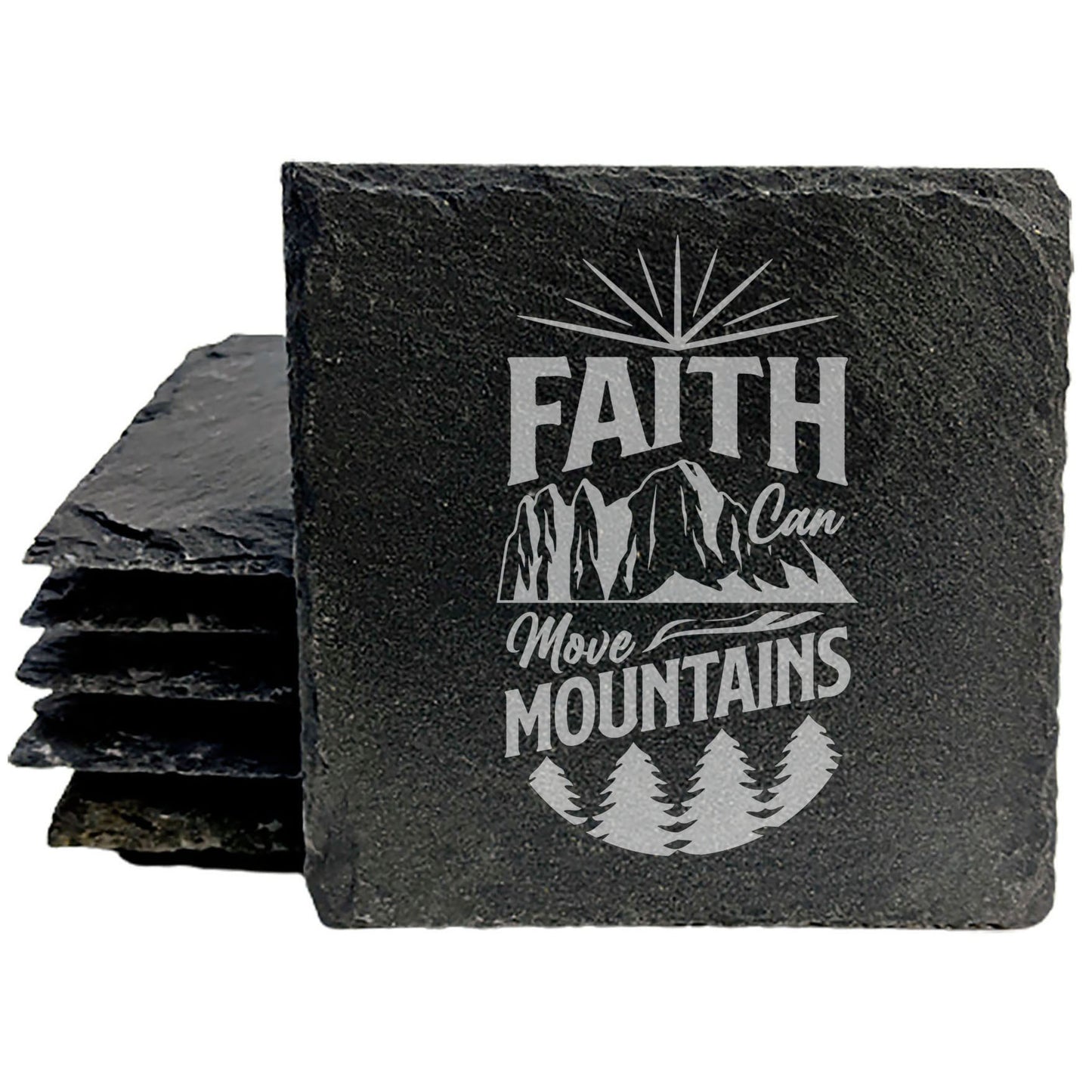 Faith Can Move Mountains Coasters: Rustic Slate with Inspiring Nature Scene