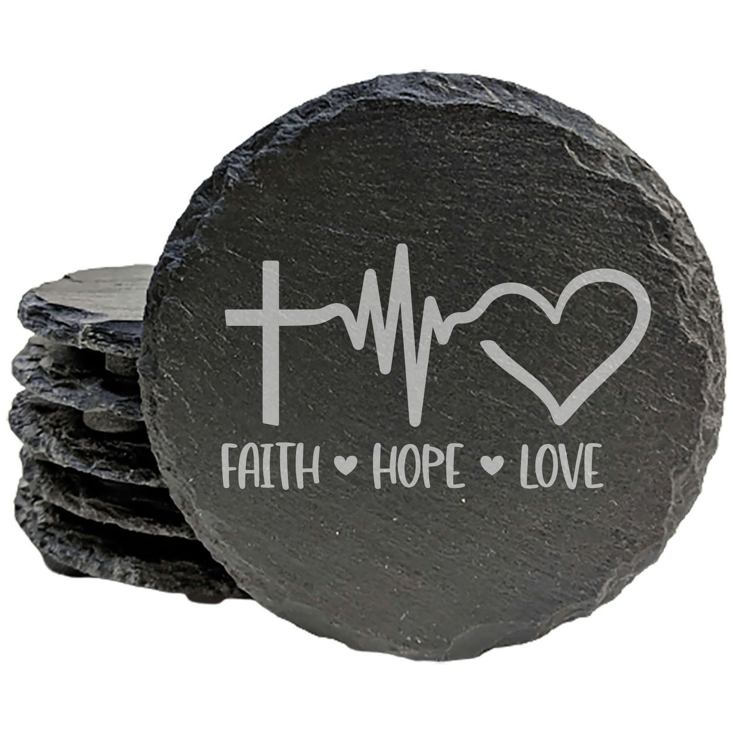Faith, Hope, Love & Heartbeat Coasters: Rustic Slate Set with Inspirational Symbols