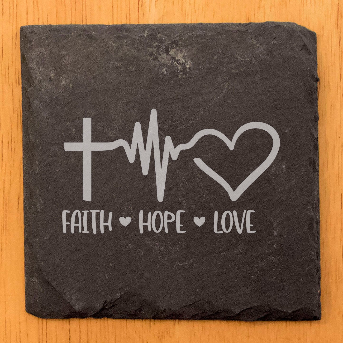 Faith, Hope, Love & Heartbeat Coasters: Rustic Slate Set with Inspirational Symbols