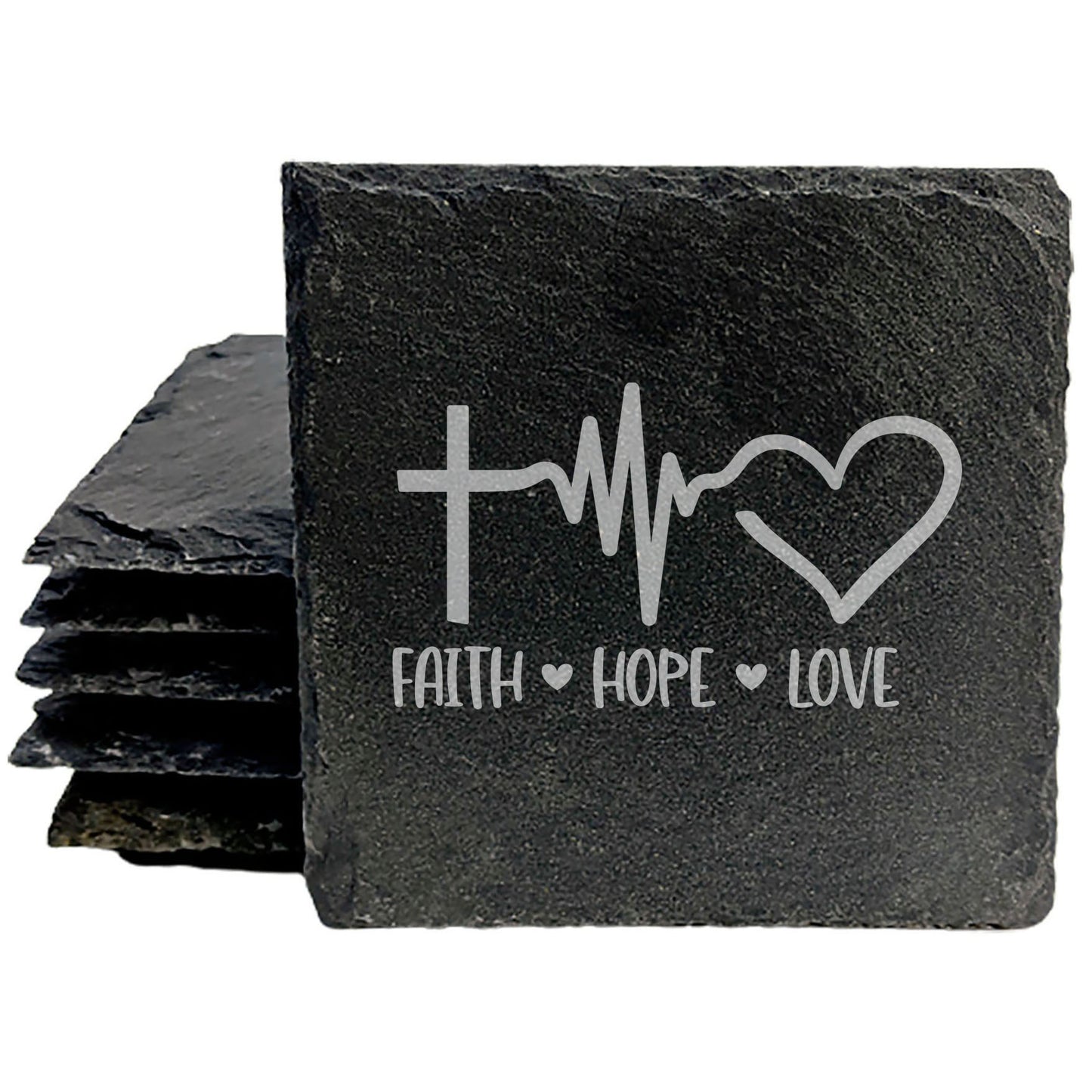 Faith, Hope, Love & Heartbeat Coasters: Rustic Slate Set with Inspirational Symbols