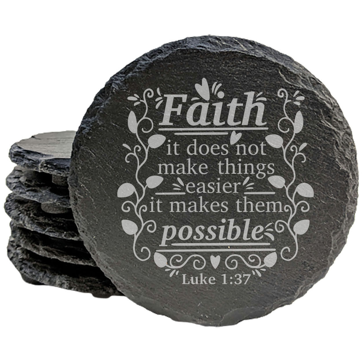 Faith and Hope: Laser Etched Scripture Coasters | Laser Engraved Luke 1:37 "Faith Makes It Possible" | Religious Home Decor