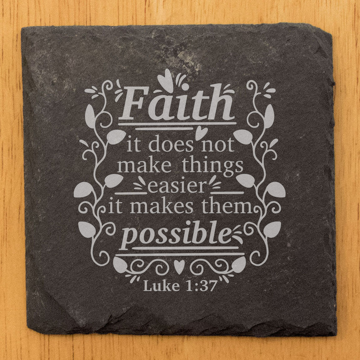 Faith and Hope: Laser Etched Scripture Coasters | Laser Engraved Luke 1:37 "Faith Makes It Possible" | Religious Home Decor