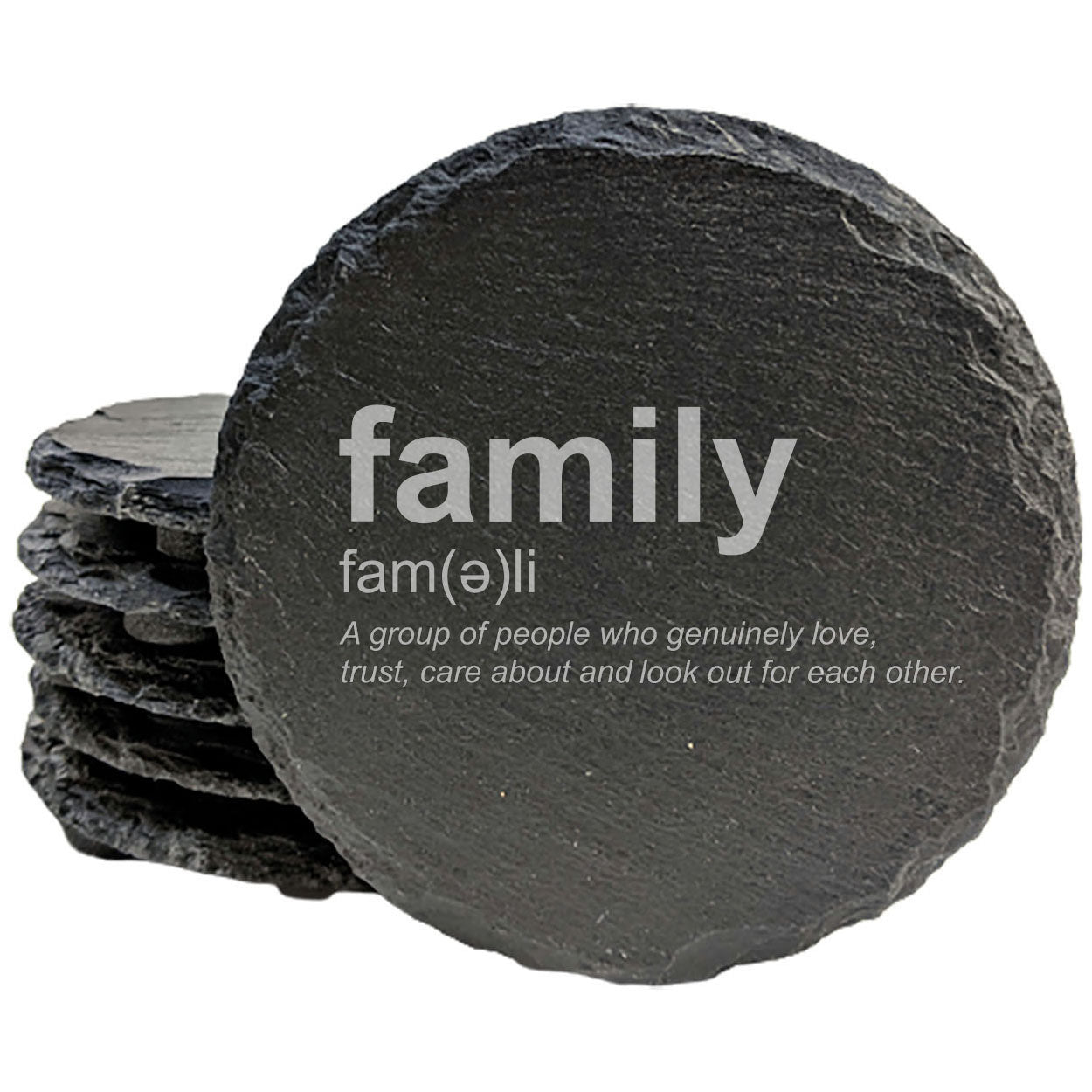 Family Definition Coasters: Love, Trust, Care Engraved in Rustic Slate