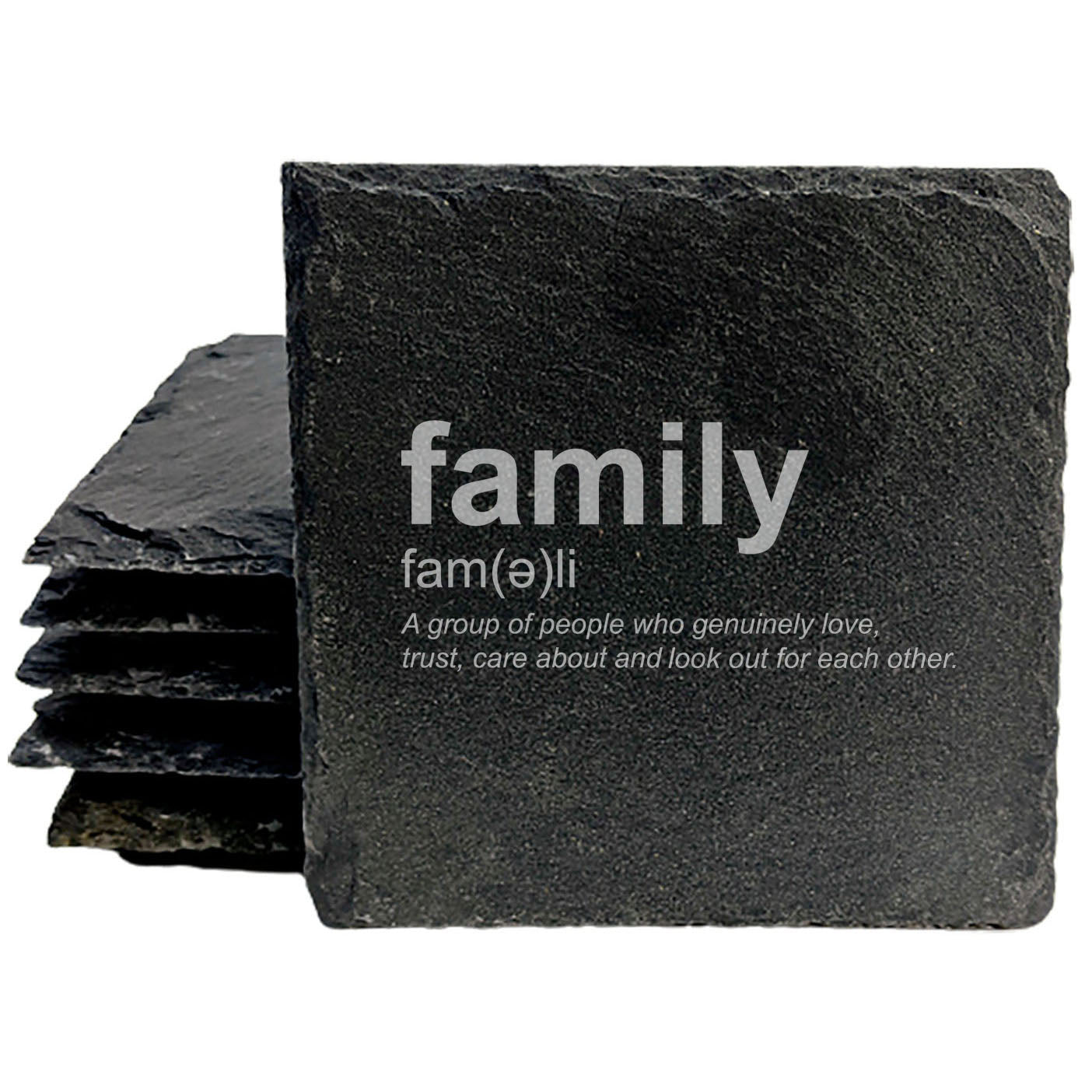 Family Definition Coasters: Love, Trust, Care Engraved in Rustic Slate