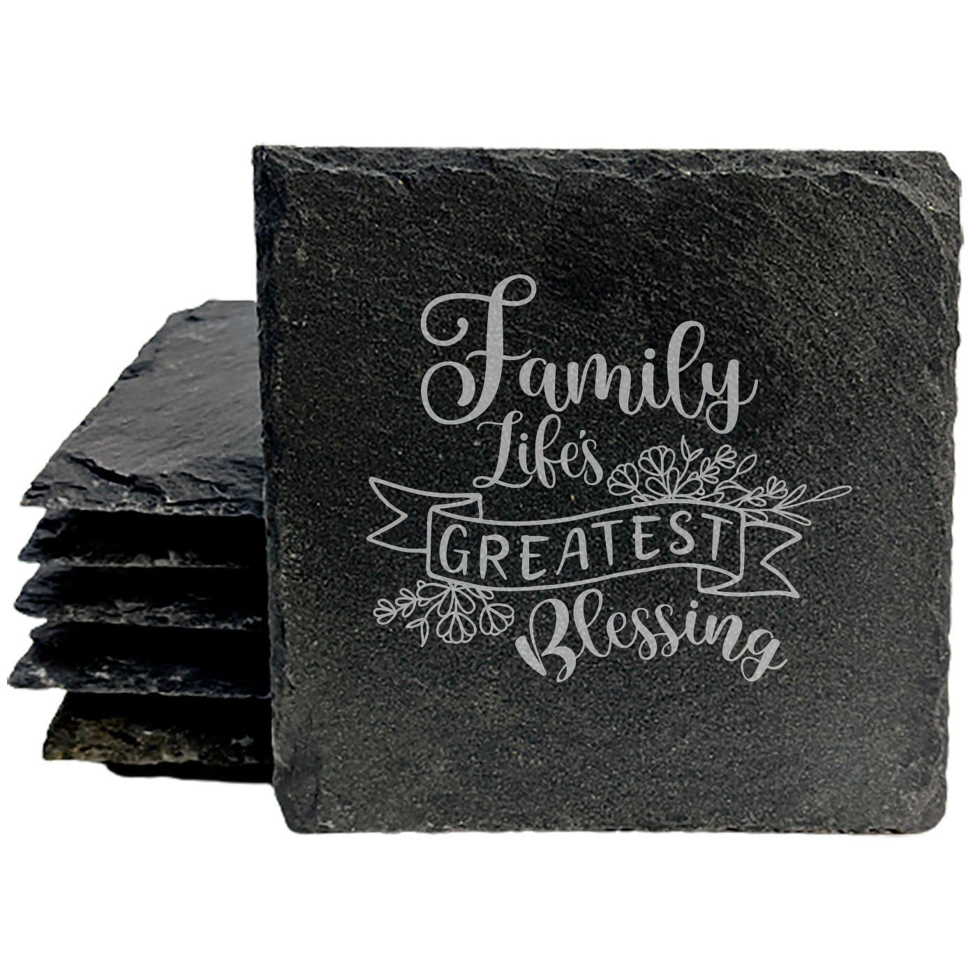 Family: Life's Greatest Blessing Coasters - Rustic Slate with Love Quote
