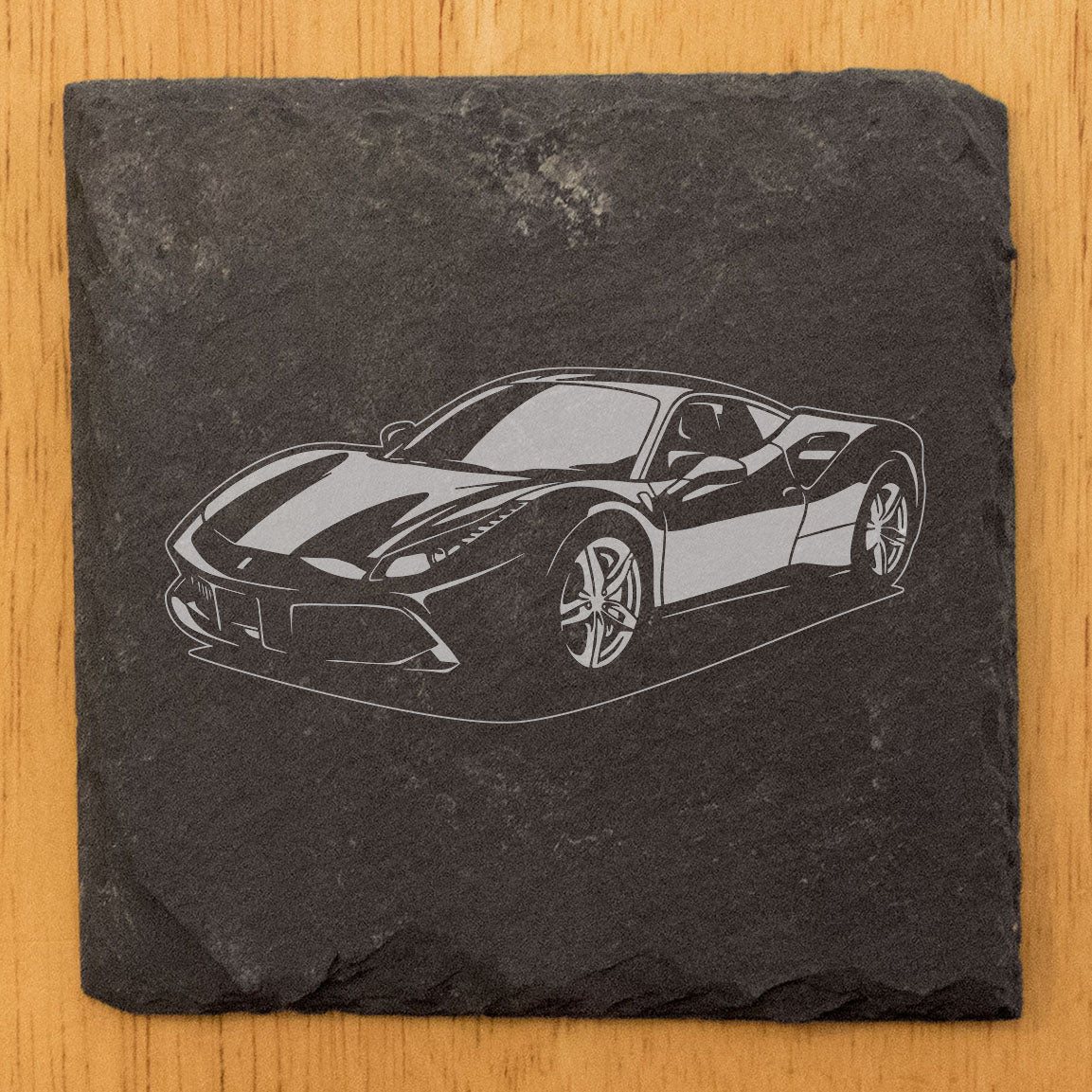 Rustic Gray Slate Coasters Set of 4 with Ferrari 488 Design | Round or Square with Natural Chipped Edge & Rubber Feet | Perfect All-Occasion Gift for Man Cave She-Shed Housewarming, Made in USA