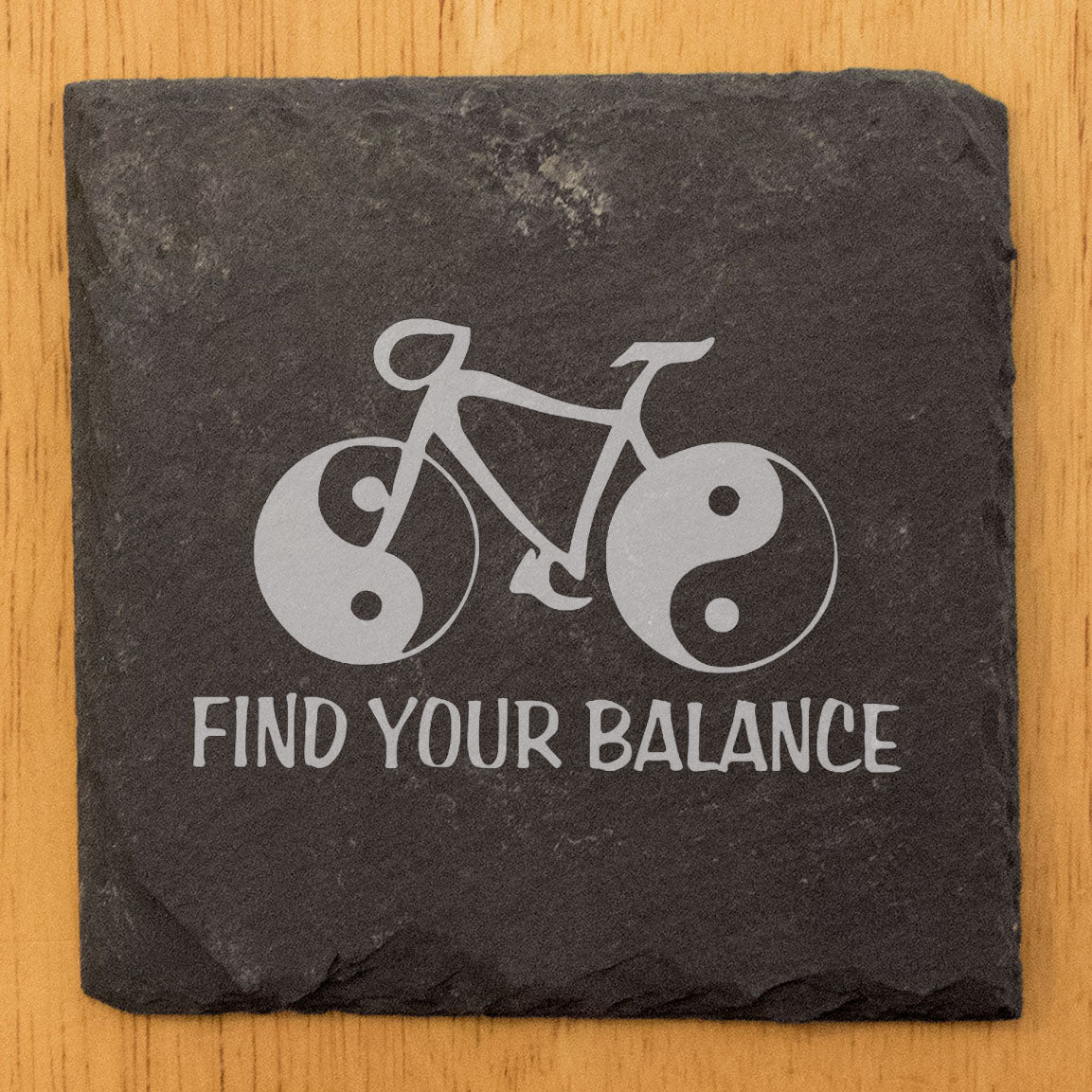 Bicycle & Yin Yang Coasters: Rustic Slate, "Find Your Balance"