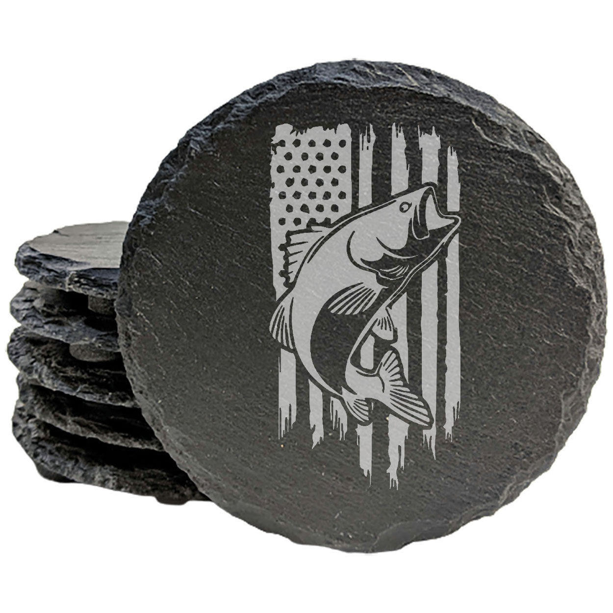 Laser Etched Slate Coasters - Patriotic Fish & American Flag