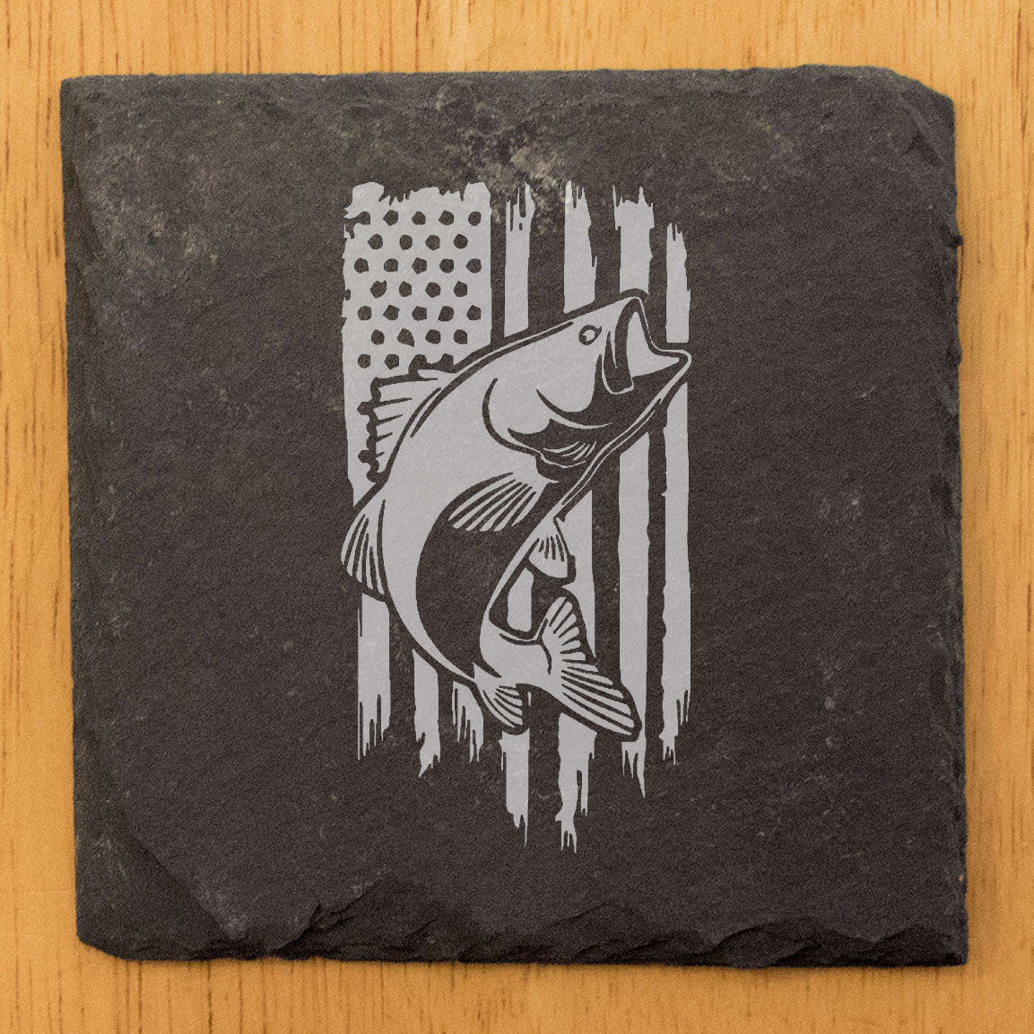 Laser Etched Slate Coasters - Patriotic Fish & American Flag