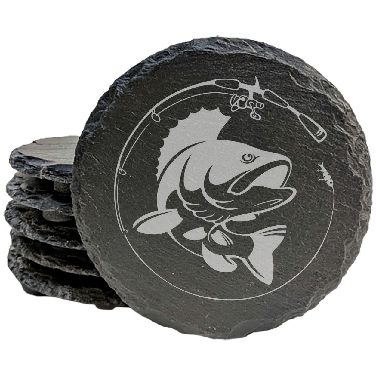 Rustic Slate Coasters: Fish & Fishing Rod Circle - Laser Etched