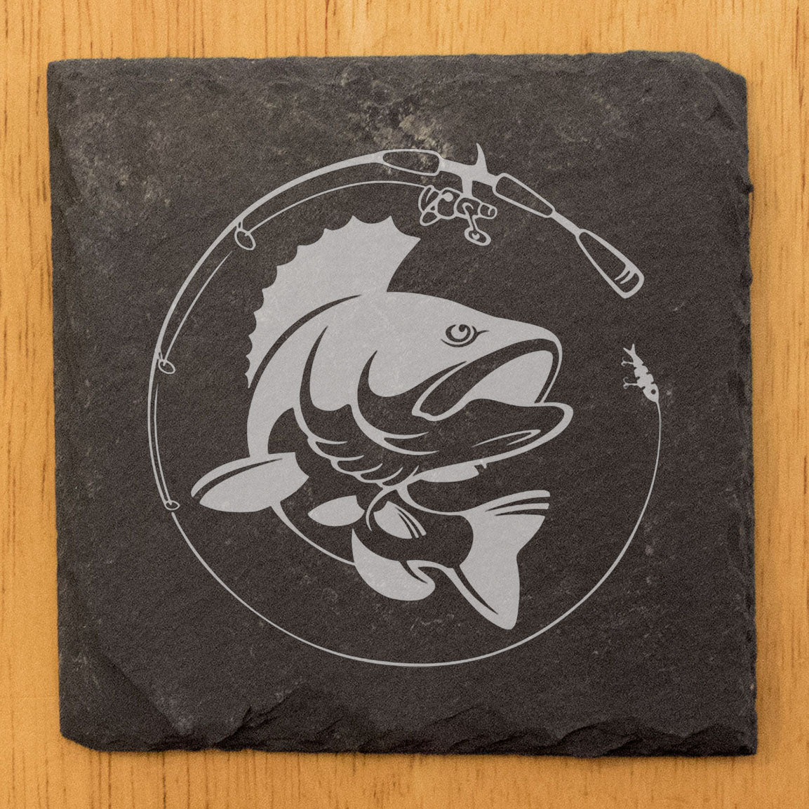 Rustic Slate Coasters: Fish & Fishing Rod Circle - Laser Etched