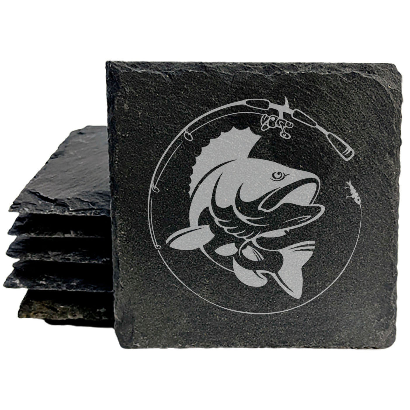 Rustic Slate Coasters: Fish & Fishing Rod Circle - Laser Etched