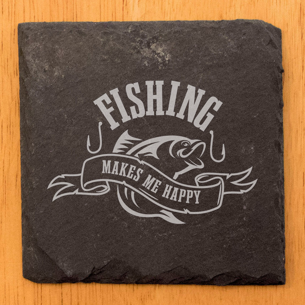 Rustic Slate Coasters: "Fishing Makes Me Happy" - Laser Etched Fish