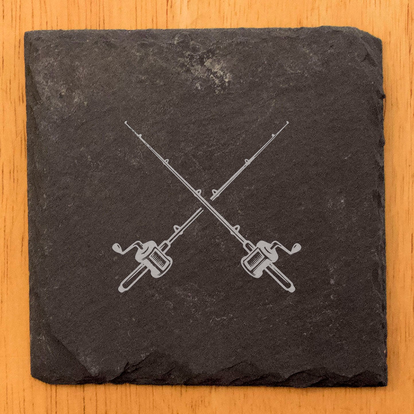 Fishing Lover Coasters: Crossed Rods - Rustic Slate, Laser Etched