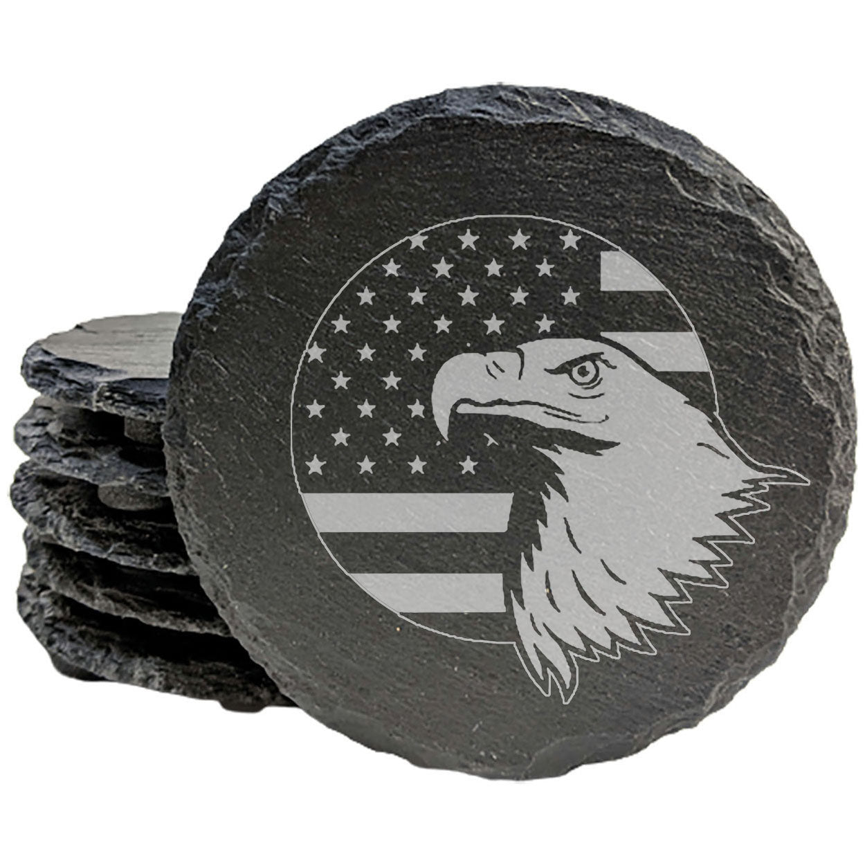 Patriotic Coasters: Bald Eagle & American Flag - Rustic Slate, Laser Etched- Round Slate - set of 4