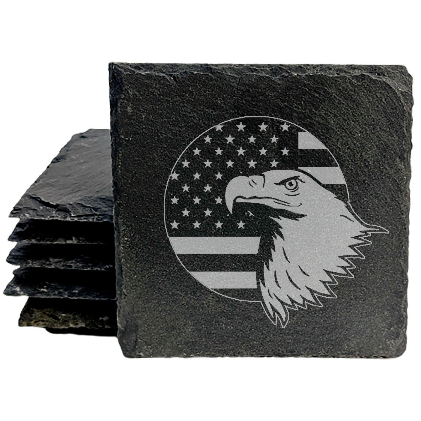 Patriotic Coasters: Bald Eagle & American Flag - Rustic Slate, Laser Etched- Round Slate - set of 4