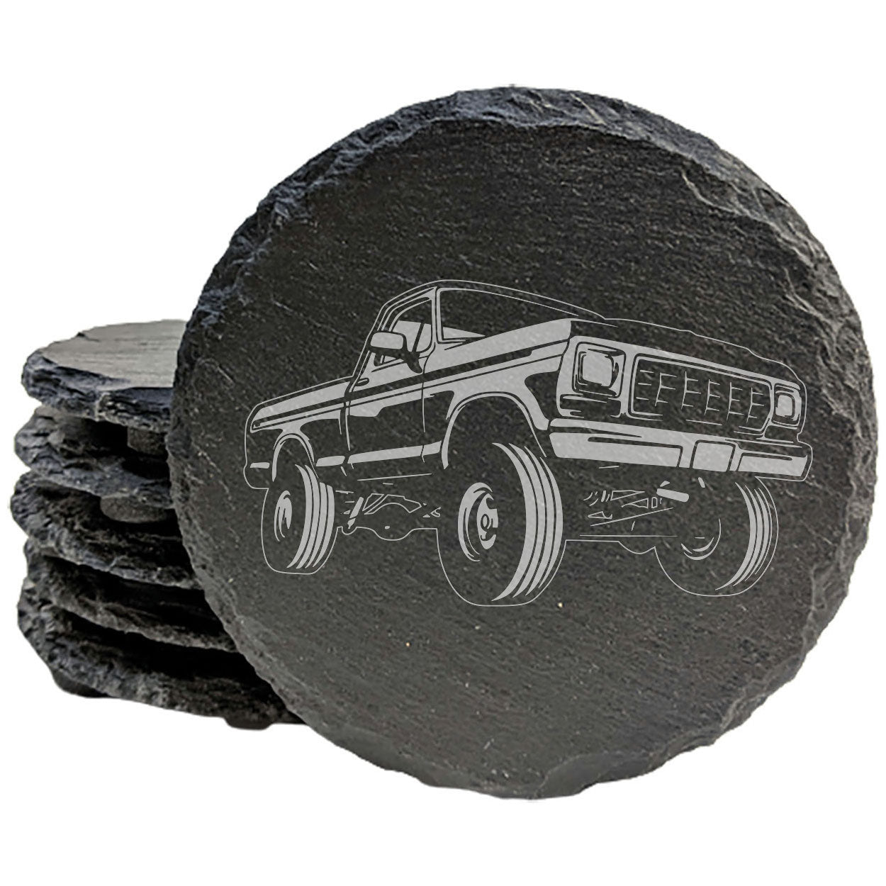 Rustic Gray Slate Coasters Set of 4 with Laser Etched 1979 Ford F150 Design Perfect for Gift Giving Holidays Birthdays Housewarming She-Shed or Man Cave Made in Oregon USA Natural Chipped Edge