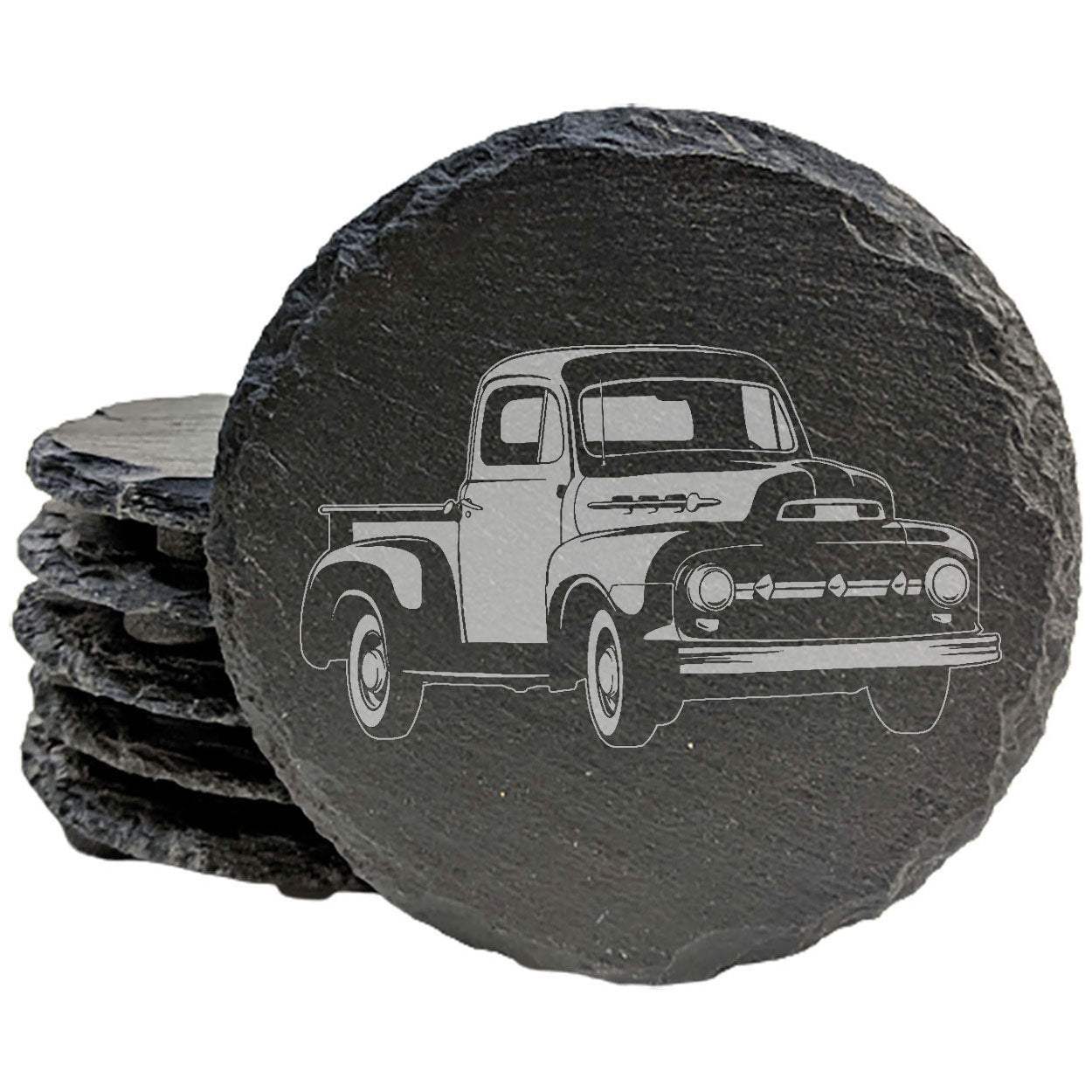 Vintage 1952 Ford F1 Pickup Laser-Etched Rustic Slate Coasters | Unique Car Enthusiast Drink Mats
