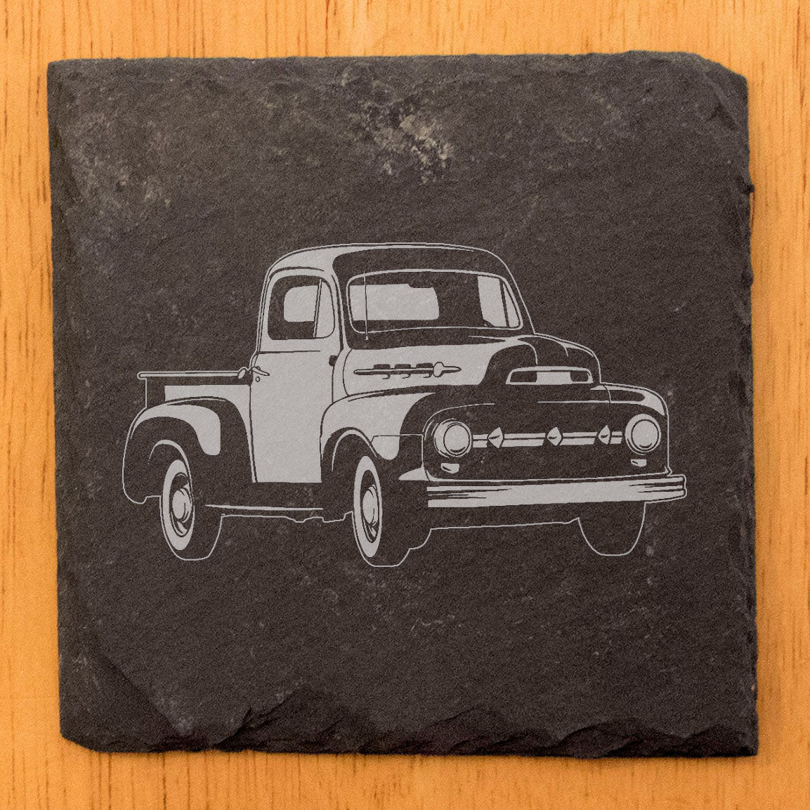 Vintage 1952 Ford F1 Pickup Laser-Etched Rustic Slate Coasters | Unique Car Enthusiast Drink Mats
