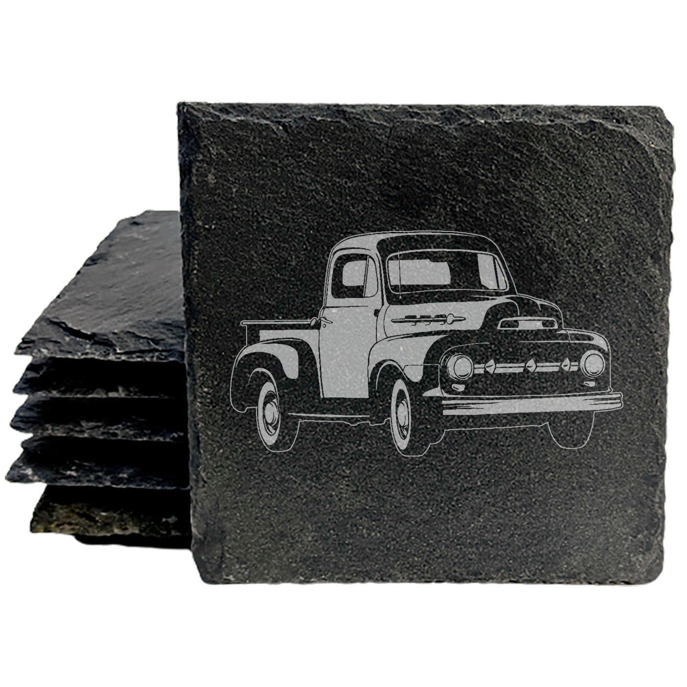 Vintage 1952 Ford F1 Pickup Laser-Etched Rustic Slate Coasters | Unique Car Enthusiast Drink Mats