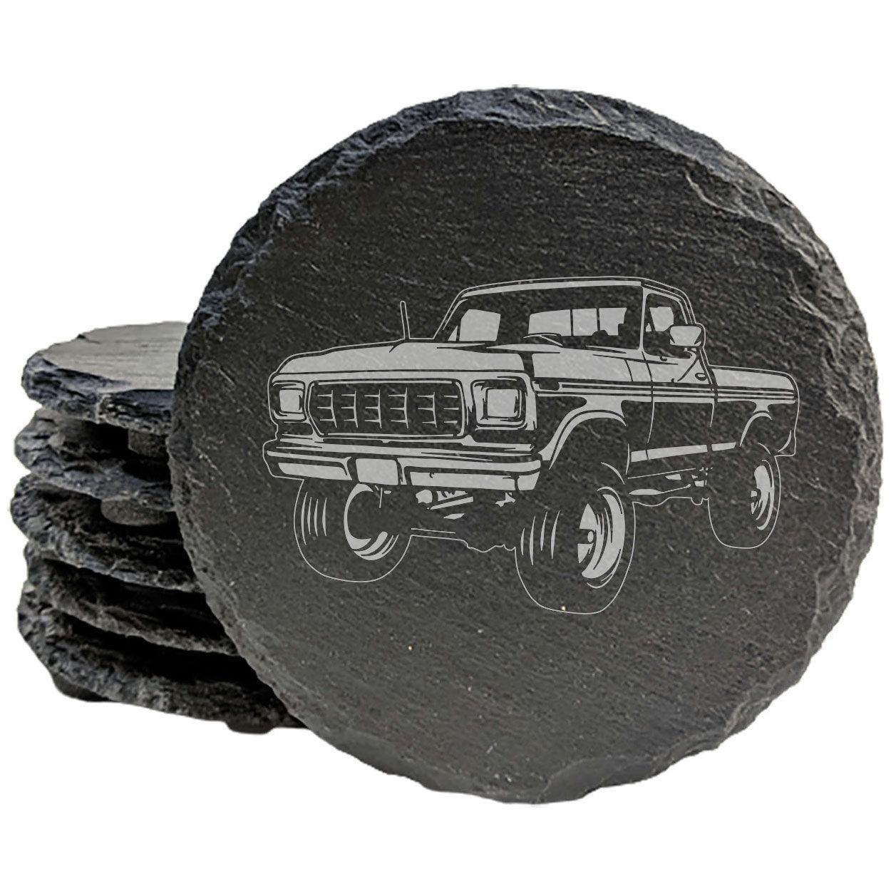1978 Ford F-250 Pickup Design Rustic Gray Slate Coasters Set of 4 - Laser Etched, Natural Chipped Edge, Rubber Feet, Perfect for She-Shed or Man Cave, Great Gift from Small Oregon Business
