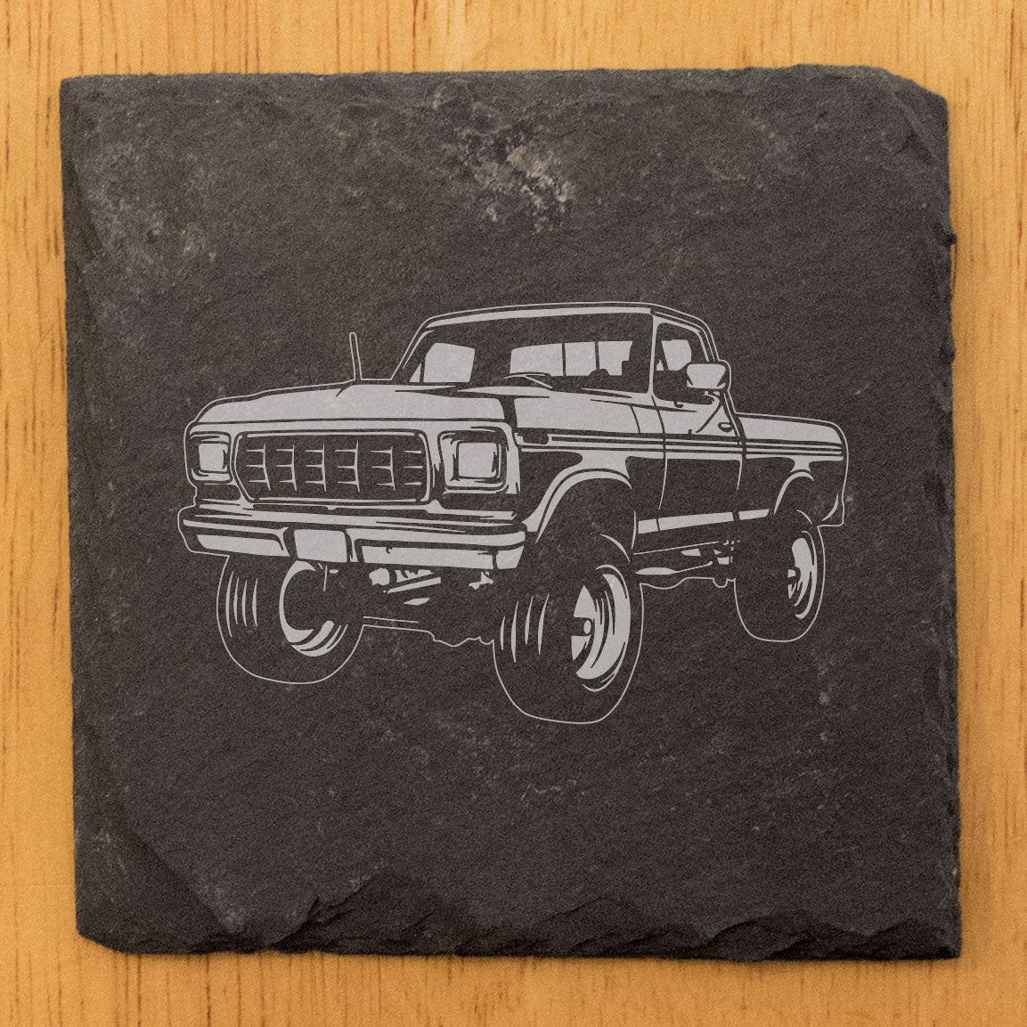 1978 Ford F-250 Pickup Design Rustic Gray Slate Coasters Set of 4 - Laser Etched, Natural Chipped Edge, Rubber Feet, Perfect for She-Shed or Man Cave, Great Gift from Small Oregon Business