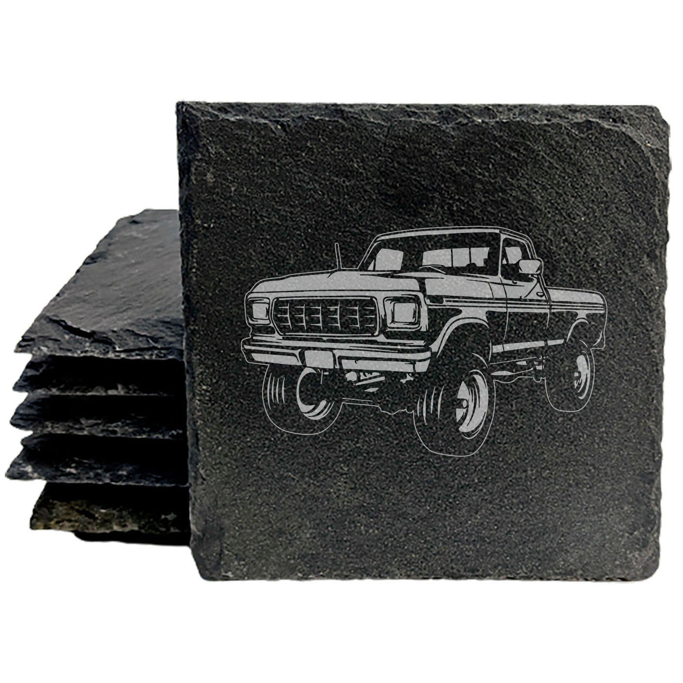 1978 Ford F-250 Pickup Design Rustic Gray Slate Coasters Set of 4 - Laser Etched, Natural Chipped Edge, Rubber Feet, Perfect for She-Shed or Man Cave, Great Gift from Small Oregon Business