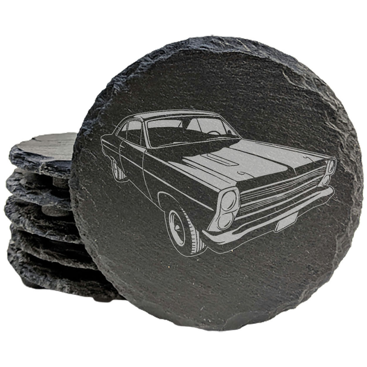 1966 Ford Fairlane Design Rustic Slate Coasters Set - Laser Etched, Vintage Style Decor