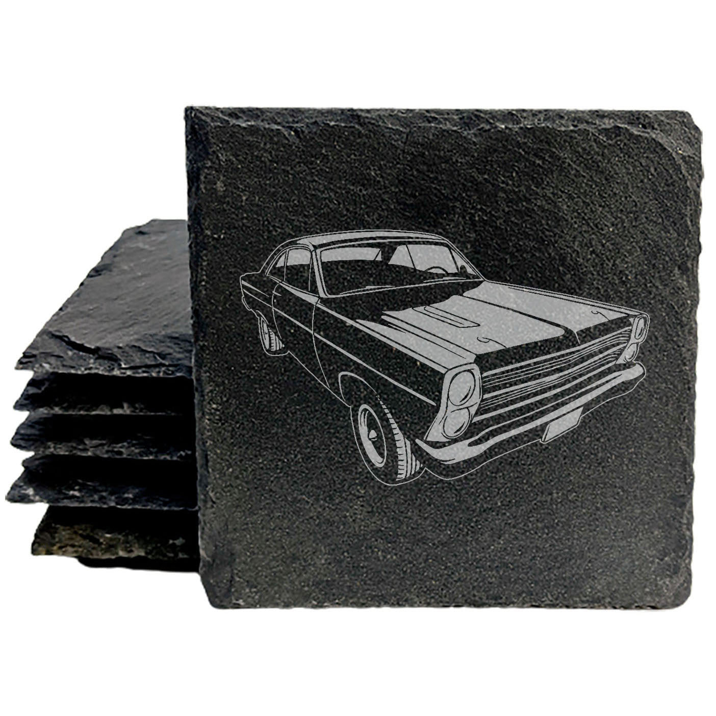 1966 Ford Fairlane Design Rustic Slate Coasters Set - Laser Etched, Vintage Style Decor