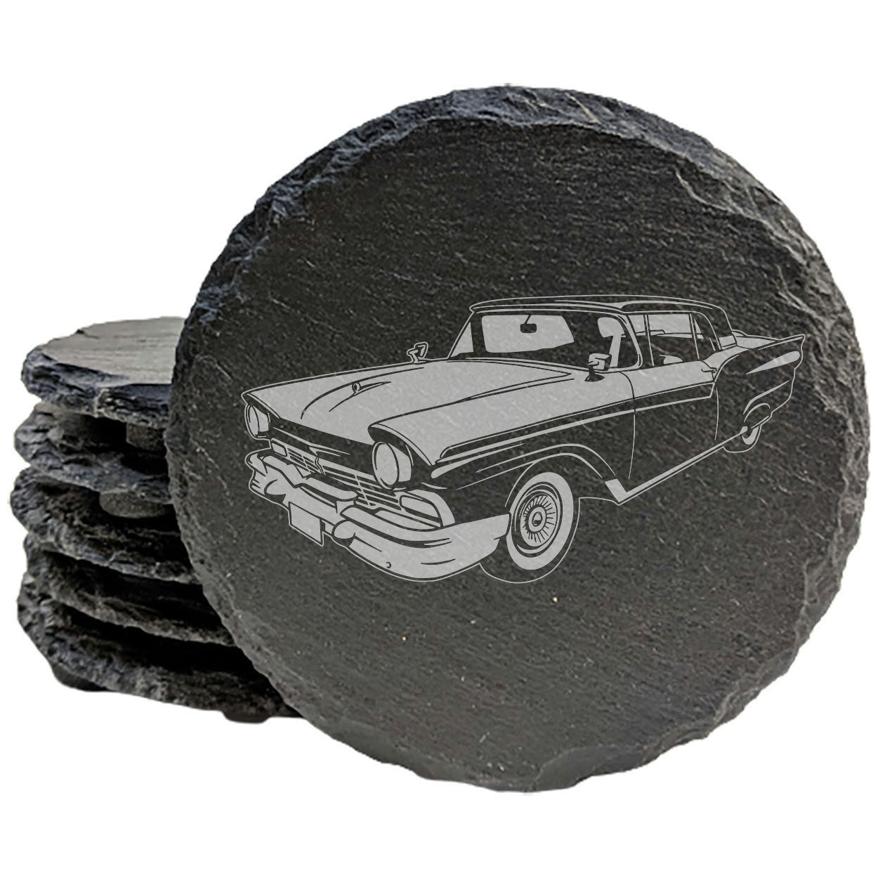 1957 Ford Fairlane 500 Design Rustic Gray Slate Coasters Set of 4 - Laser Etched, Natural Chipped Edge, Rubber Feet - Perfect Gift for Holidays, Birthdays, Housewarming - Made in Oregon USA