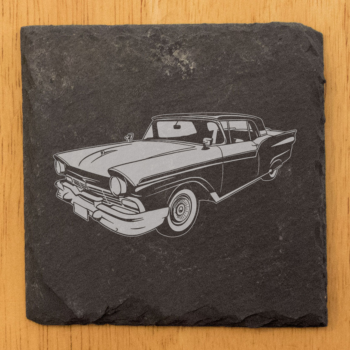 1957 Ford Fairlane 500 Design Rustic Gray Slate Coasters Set of 4 - Laser Etched, Natural Chipped Edge, Rubber Feet - Perfect Gift for Holidays, Birthdays, Housewarming - Made in Oregon USA