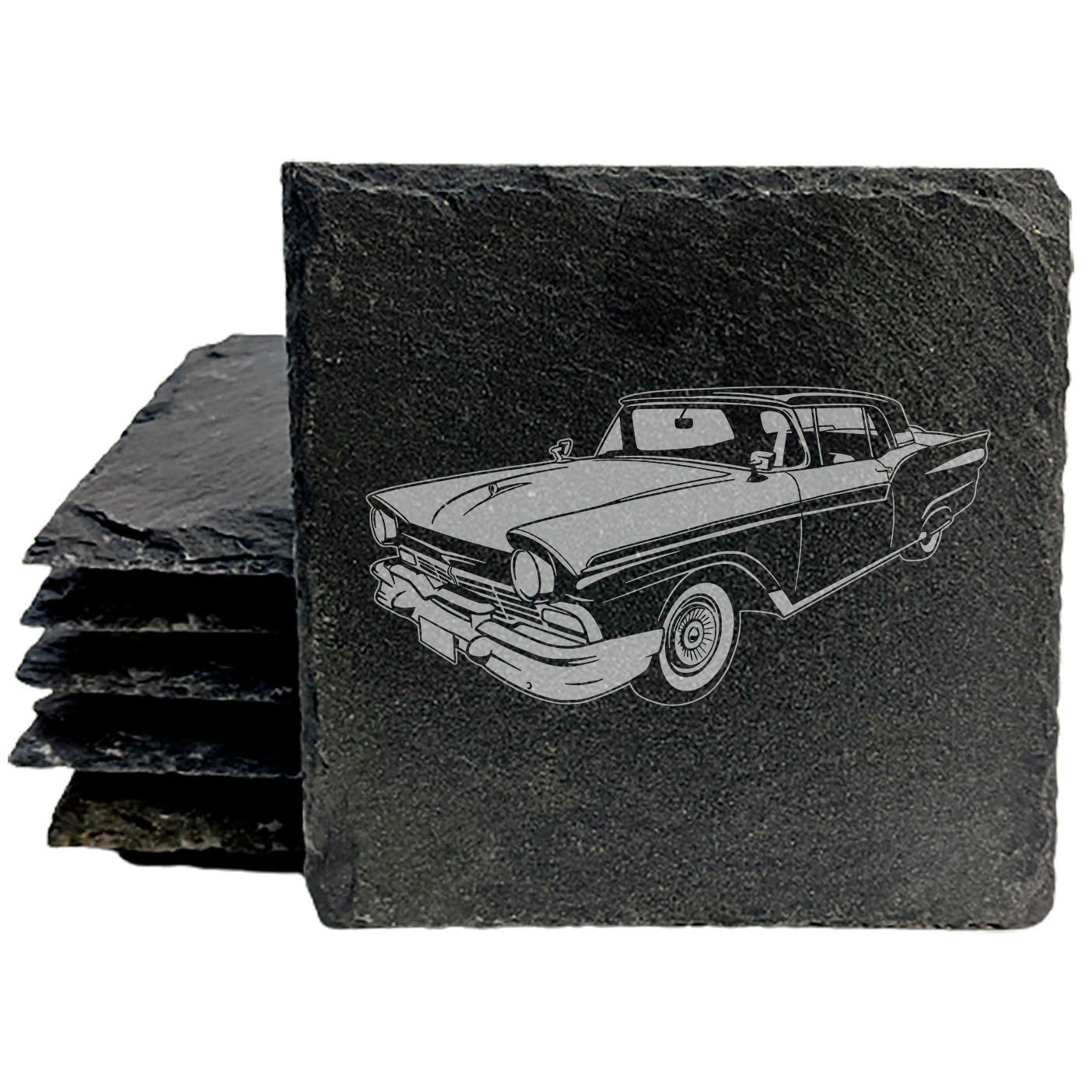 1957 Ford Fairlane 500 Design Rustic Gray Slate Coasters Set of 4 - Laser Etched, Natural Chipped Edge, Rubber Feet - Perfect Gift for Holidays, Birthdays, Housewarming - Made in Oregon USA