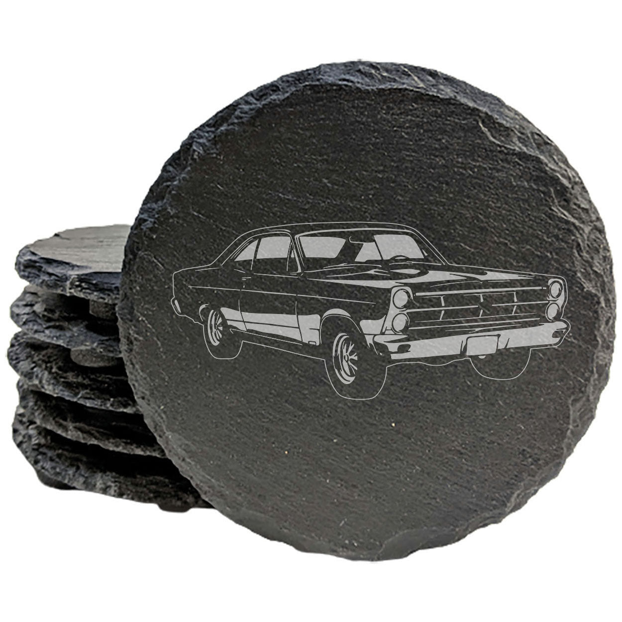 1967 Ford Fairlane GTA Laser Etched Rustic Gray Slate Coasters Set of 4 Perfect for She-Shed or Man Cave Unique All-Occasion Gifts Birthdays Holidays Housewarming Made in Oregon USA Natural Edge